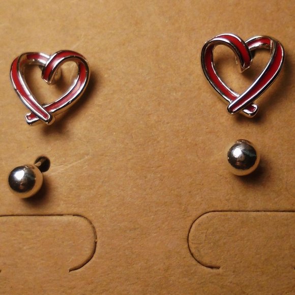 925 Sterling Silver Stud Earring Set  4mm Ball Stud & 10mm Open Heart W Enamel - Picture 1 of 3